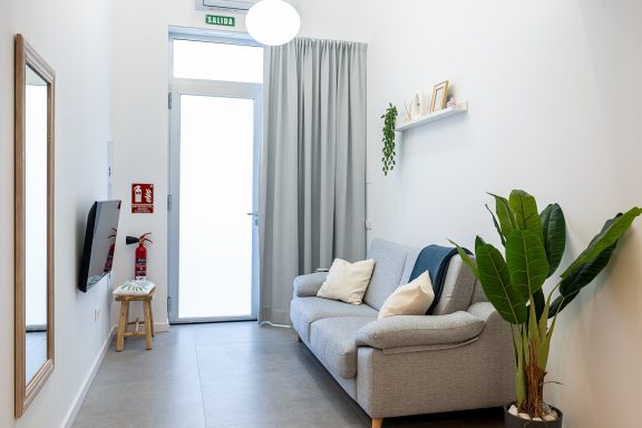 Sala luminosa con sofá gris, planta en maceta y espejo. Cortinas y decoraciones en la pared.